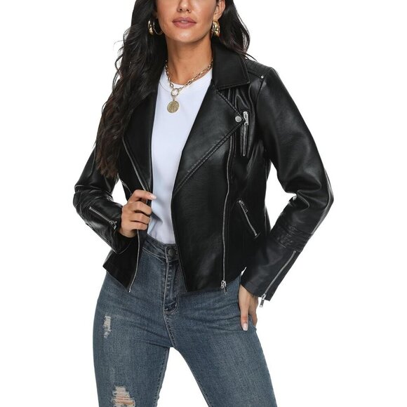 Fahsyee Faux Leather black Jacket for Women Vegan Jackets coat - Picture 1 of 5